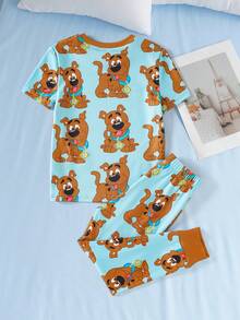 SCOOBY-DOO X SHEIN Ensemble pyjama garçon jeune d'été décontracté, t-shirt à col rond à manches courtes avec imprimé chien et short - Multicolore - Voir 2