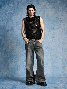 ROMWE MEN Áo vest nam cổ tròn đính sequin khoét lỗ - màu đen - Xem 7