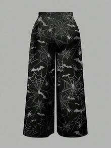 Plus Size Halloween Bat, Gothic, Mysterious Bat & Spider Web Black & Grey Print Pants - Black - View 2