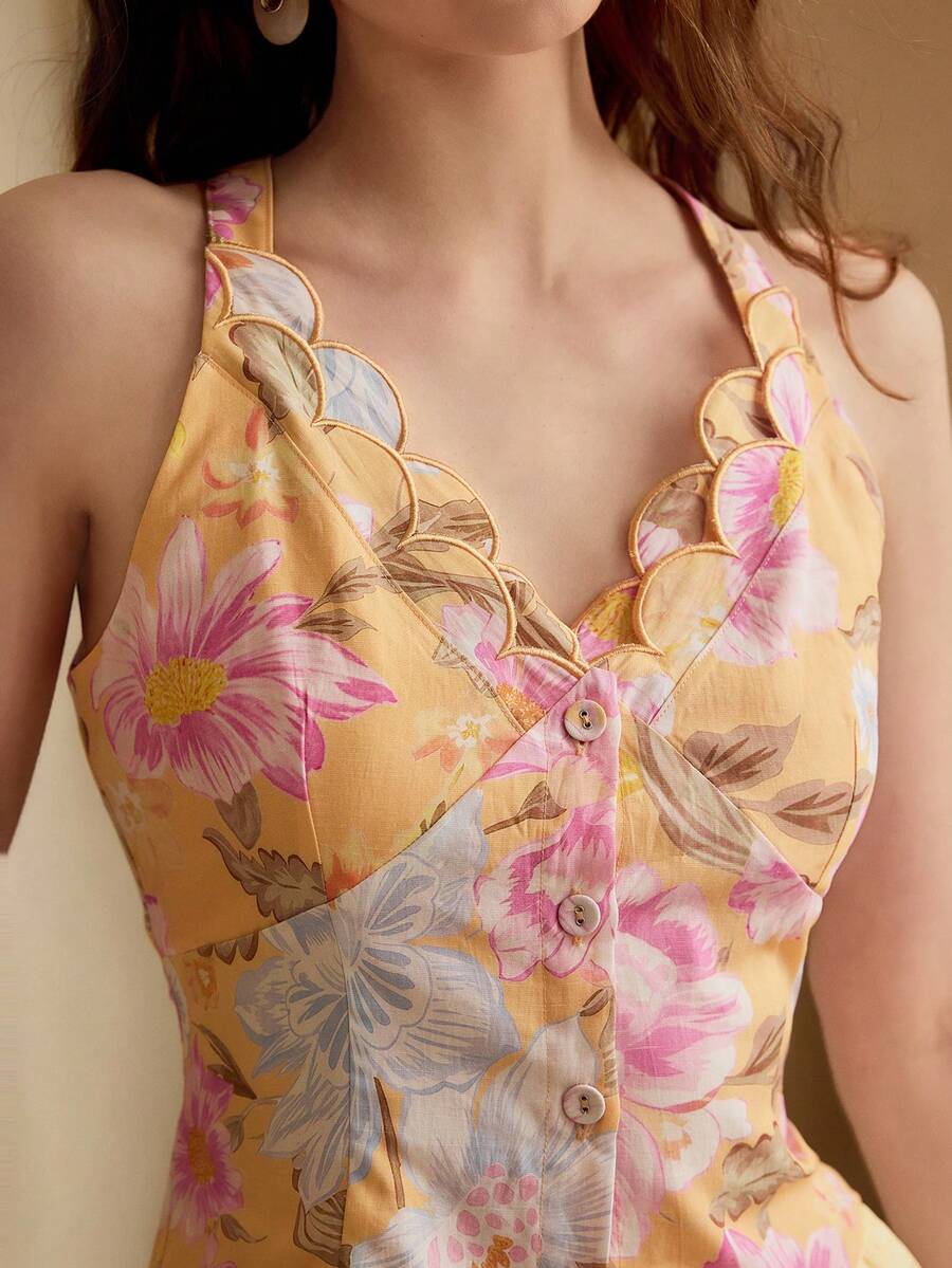 PREMIUM WOMEN'S LINEN PRINTED & EMBROIDERED HALTER NECK BLOUSE, SPRING/SUMMER - Coral Orange - View 1