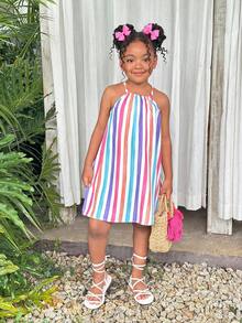 Đầm chữ A cổ yếm kẻ sọc cầu vồng cho bé gái, thích hợp mặc hàng ngày, đi nghỉ mát, cắm trại hoặc chụp ảnh cùng chị em. - Hồng - Xem 3