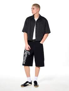 SUMWON Black Vertical Pinstripe Short Sleeve Button Down Collared Shirt Classic Business Casual Office Work Formal Striped Top - Black - View 5