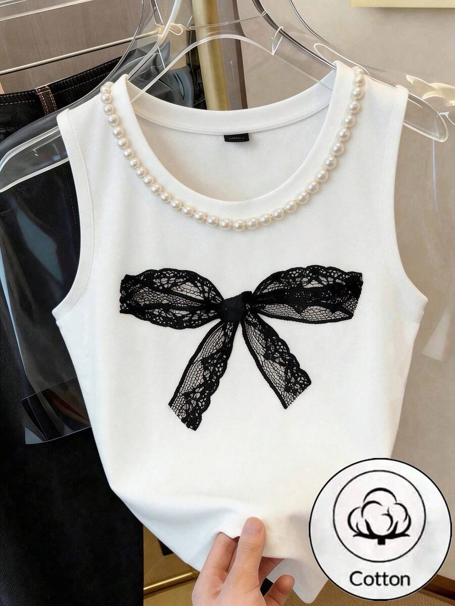 INAWLY Blusa casual de cuello redondo con lazo y decoración de perlas falsas, versátil para uso diario - Blanco - Ver 1