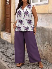 SHEIN VCAY Plus Size Dark Purple Solid V-Neck Shirt & Printed Pants 2-Piece Set,Summer Boho Vacation Holiday Beach Wear,Music Festival Rave Party Outfits - Purple - View 5