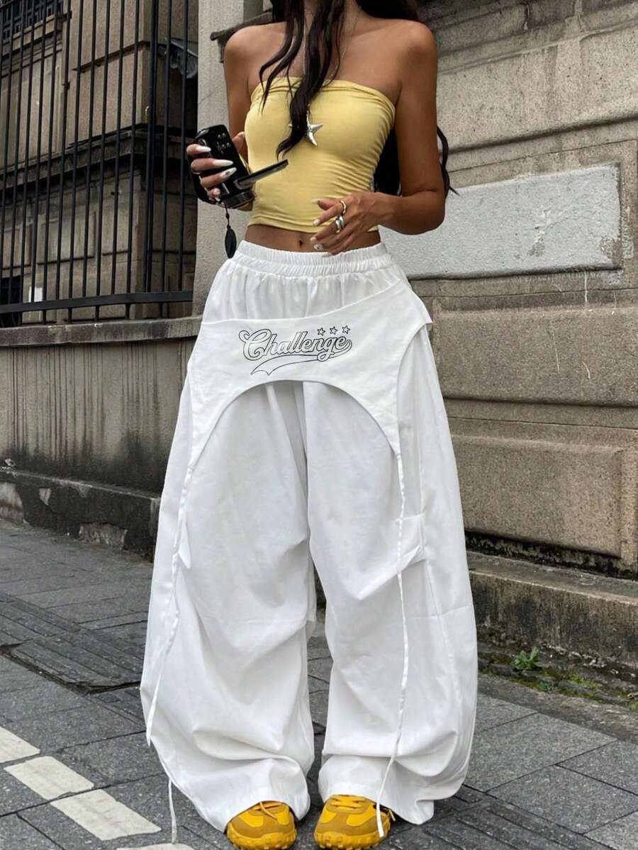 Coolane 夏季女装加大码，嘉年华街头风 Y2K 音乐节白色撞色降落伞裤，情人节 - 白色 - 查看 1