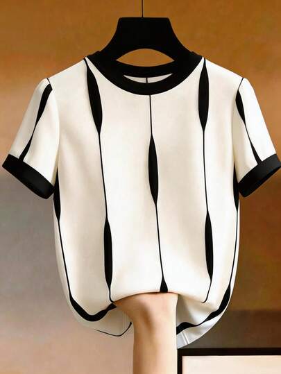 Franclia Women's Contrast Color Round Neck Short Sleeve Casual Versatile T-Shirt Ytk Clothes Ysk Clothes Yk2k  Yk2k Tops