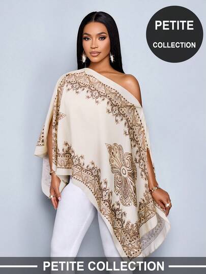 SOLERSUN Petite Women's One-Shoulder Shawl With Asymmetrical Hem, Paisley Pattern, Island Style, Music Festival,Spring/Summer Shirt.