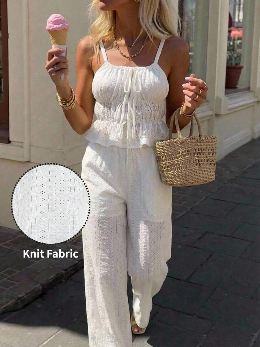 Vivid Eden 女士度假褶皱系带吊带背心和裤子两件套 - 白色 - 查看 1