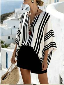 SHEIN Holidaya Áo kiểu nữ dáng rộng, họa tiết sọc, cổ chữ V, tay lửng 3/4, thích hợp cho kỳ nghỉ. - Đen và trắng - Xem 1