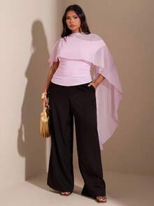 SHEIN BAE Áo kiểu dáng ôm vừa vặn, thiết kế bèo nhún bất đối xứng vai, cỡ lớn. - Màu Hồng baby - Xem 4
