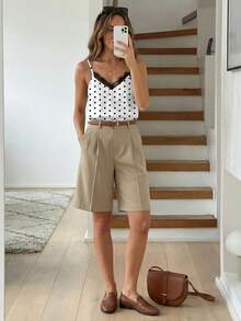 SHEIN LUNE Áo hai dây cổ chữ V phối ren tương phản, họa tiết chấm bi, kiểu dáng thường ngày, đa năng dành cho nữ. - Nhiều màu - Xem 2