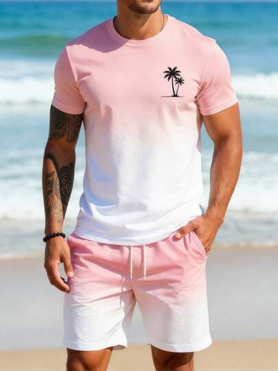 VIVINTIMO Bộ áo thun và quần short nam màu hồng ombre in hình cây cọ, thích hợp mặc hàng ngày, đi nghỉ mát ở đảo, du lịch, hoặc mặc đôi.