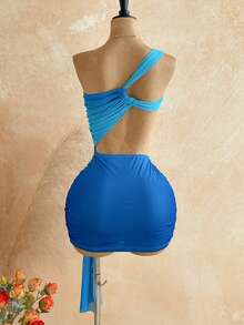 Vestido mini de tirantes de mujer con diseño calado y unicolor, adecuado para vacaciones en la playa - Multicolor - Ver 2