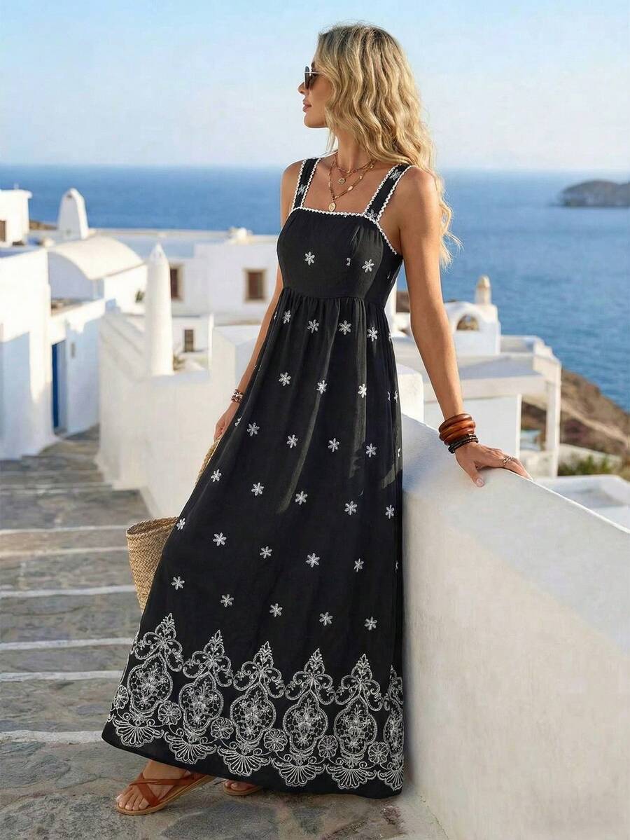 SHEIN Holidaya Đầm midi xếp ly in họa tiết toàn thân dành cho nữ, thích hợp cho tiệc tùng và đi chơi. - màu đen - Xem 1