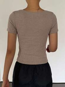 DAZY Women's Square Neck Short Sleeve Fitted T-Shirt Summer - Khaki - View 3