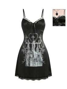 ROMWE Spring/SummergraphicGothic Angel Cross Castle Church Cross Thorn Cyber Rune Heart Lace Satin Women Mini Dress, Spring/Summer, For Valentine's Day - Black - View 1