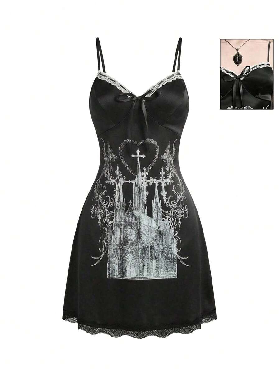 ROMWE Spring/SummergraphicGothic Angel Cross Castle Church Cross Thorn Cyber Rune Heart Lace Satin Women Mini Dress, Spring/Summer, For Valentine's Day - Black - View 1