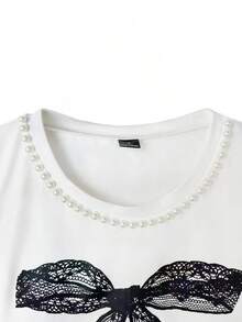 INAWLY Blusa casual de cuello redondo con lazo y decoración de perlas falsas, versátil para uso diario - Blanco - Ver 5