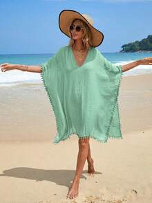 Swim Vcay Women's Deep V-Neck Loose Solid Color Coverup Dress, Suitable For Summer Vacation - Mint Green - View 4