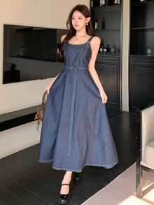 FRIFUL Vestido de peto de mezclilla casual con tirantes ajustables para mujer, de verano - Azul - Ver 7