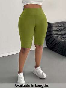 SHEIN PETITE CURVE Plus Size Women Casual Solid Color Leggings, Suitable For Summer - Army Green - View 8