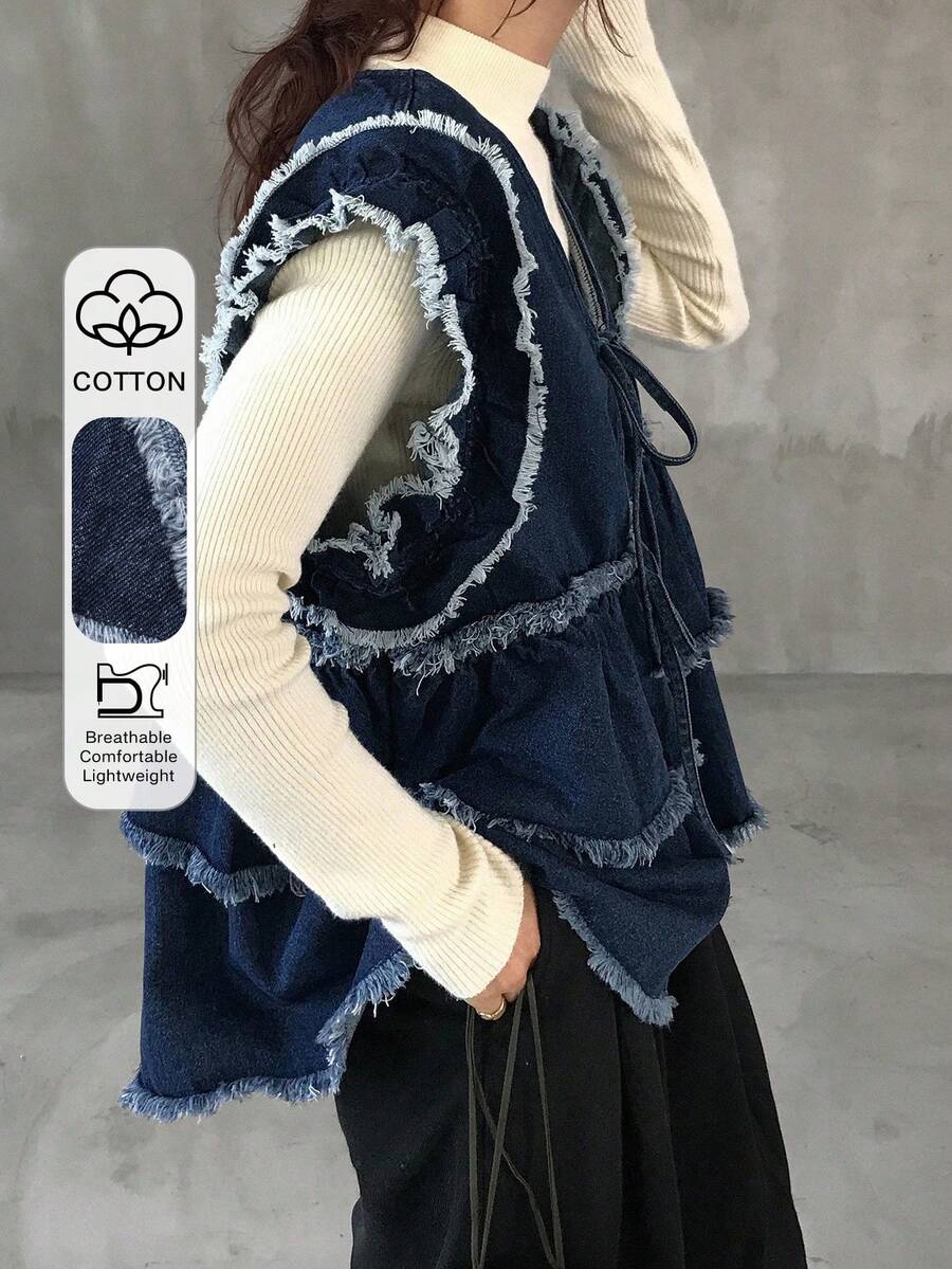 FRIFUL Jaket Denim Kasual Wanita Warna Polos dengan Detail Rumbai, Leher V, Tanpa Lengan, dan Hem Bergelombang - Biru - View 1