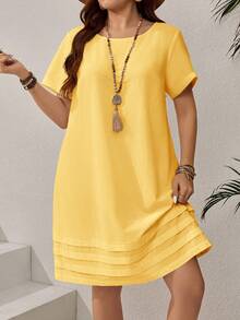 Rosumi Vestido casual de manga corta de unicolor para vacaciones de talla grande, atuendos de verano para mujer/verano, ropa de mujer para vacaciones tropicales - amarillo ganso - Ver 3