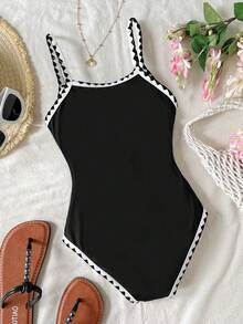 SHEIN 少女黑白连体泳衣，甜美时尚设计，白色贝壳刺绣饰边，针织面料，休闲时尚，适合游泳、夏季度假、海滩、泳池、派对等场合。 - 黑與白 - 查看 2