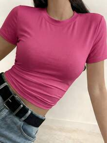 DAZY Women's Solid Color Round Neck Short Sleeve Fitted Summer T-Shirt - Hot Pink - View 4