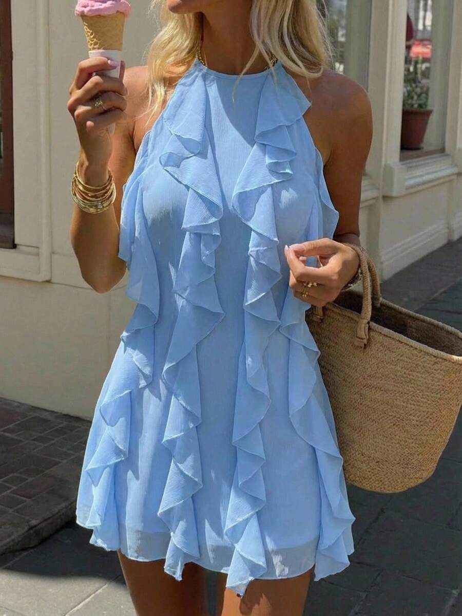 Aloruh 女士纯色荷叶边露背短裙 - 淺藍色 - 查看 1