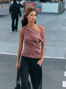 Nöista Fitted Top In Diagonal Mauve And Burgundy Stripes, Asymmetrical Neckline Showing One Shoulder With A T Of Gathering On The Sides.Spring Festival - Pink - View 6