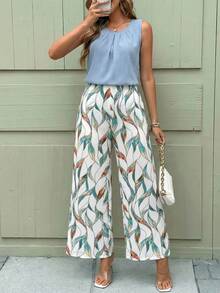 SHEIN Clasi Elegant Women's Solid Color Texture Pleated Blouse And Flower Wide Leg Pants Set,Vacation Outfits Women - Baby Blue - View 10