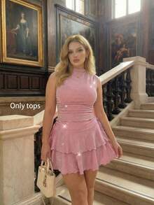 SHEIN MOD Áo kiểu dáng cỡ lớn mùa xuân/hè màu hồng phối chỉ kim loại, cổ cao, thanh lịch và lãng mạn, tối giản, hơi xuyên thấu, đơn giản. - Hồng - Xem 8