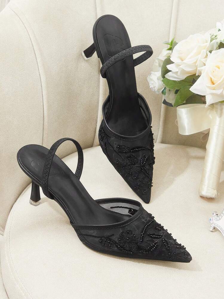CUCCOO HITCHD Spring And Autumn Black Mesh Embroidery Beaded Pointed Heel Sexy Elegant Hollow Women's High Heel Shoes