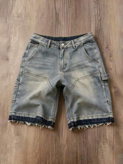 Manfinity Joysei Distressed Light Blue Multi-Pocket Denim Shorts, European And American Streetwear Style For Men