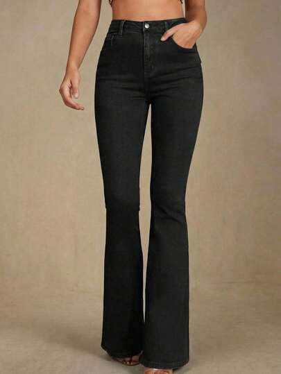 Selenza Plus Size Solid Color Pocket Casual Slim Flare Jeans, Versatile