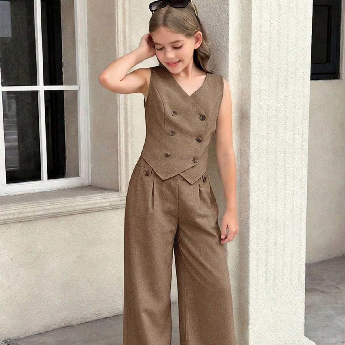 Conjunto de top sin mangas con botones y pantalones rectos de unicolor para niña preadolescente, estilo casual y elegante para ir a la escuela y uso