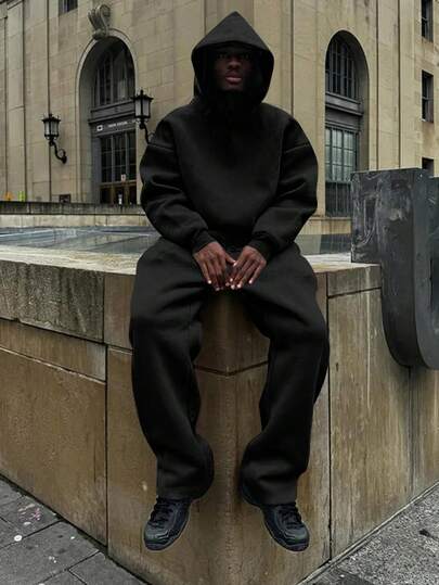 Manfinity Dauomo 2 件装男士纯色长袖休闲连帽衫和裤子套装