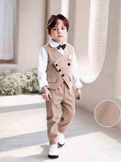 SHEIN Young Boy's Lightweight Gentleman Suit Vest Jacket, Crossover Front Design, Navy Blue Textured Fabric, Sleeveless Jacket With Decorative Pocket, Paired With Casual Suit Pants, Suitable For Birthday Party, Ceremony, Wedding, Baptism, Back To School