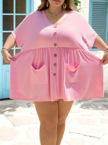 SHEIN CURVE+ 加大码前扣双口袋短袖夏季休闲T恤 - 粉色 - 查看 5