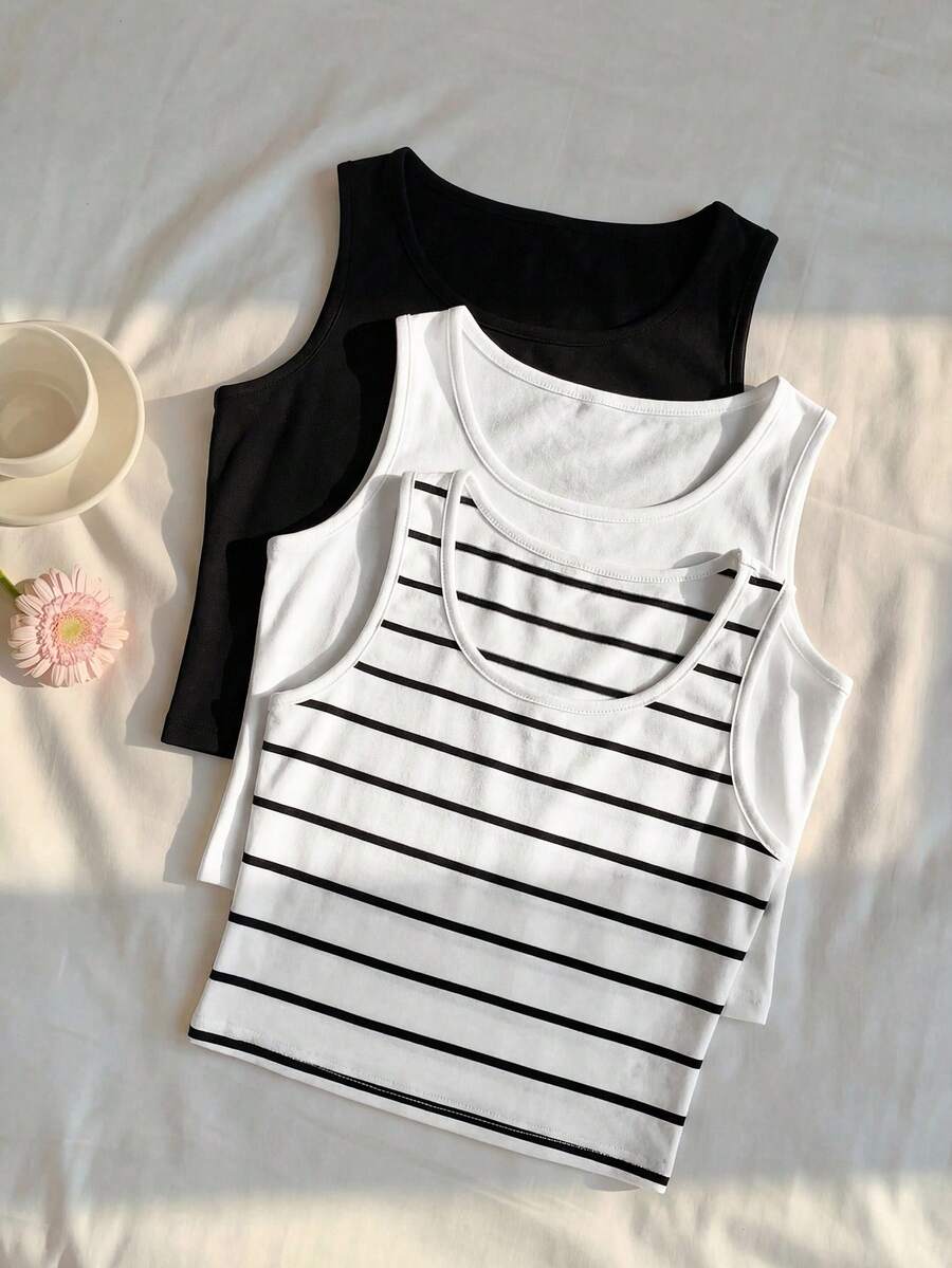 Tween Girls Casual Versatile All-Match Minimalist Black & White Striped 3 Pieces Set (Top) - Multicolor - View 1