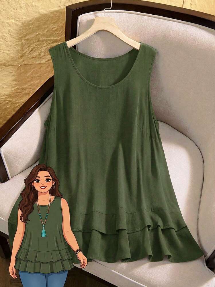 Plus Size Solid Color Round Neck Sleeveless Casual Minimalist Versatile Tank Top, Summer