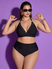 Shapewave Plus Size Women's Solid Color Summer Beach Vacation Swimsuit Set - Black - View 5