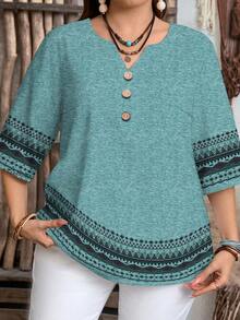 EMERY ROSE Plus Size Women Casual Minimalist Geometric Print V-Neck Shirt, Suitable For Summer - Green - View 4
