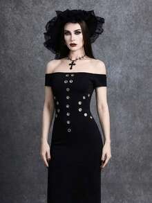 Glisette Đầm dài trễ vai kiểu Gothic phối kim loại dành cho nữ - màu đen - Xem 3