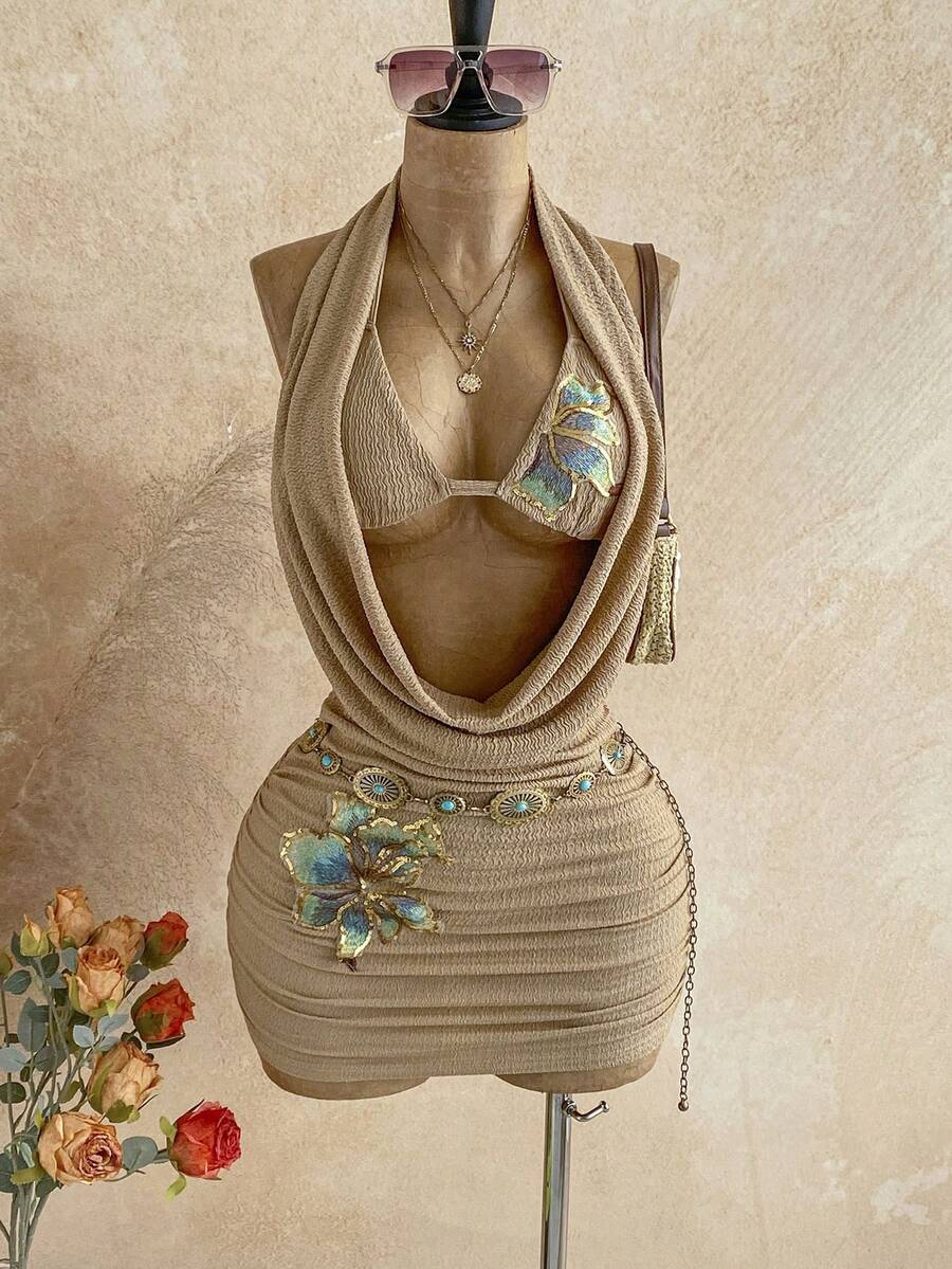 Soleia Vestido mini sexy con cuello drapeado y lentejuelas florales para mujer - Caqui - Ver 1