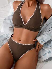 Costavie Bộ bikini hai mảnh buộc cổ kiểu dáng thường ngày dành cho nữ mùa hè, kiểu dáng casual, gồm bikini viền ren và quần tam giác, màu nâu, thích hợp cho đi biển. Bộ bikini 2 mảnh dành cho nữ, trang phục đi nghỉ mát cho nữ. - màu nâu - Xem 6