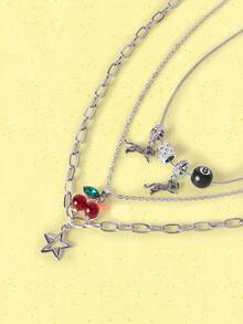 3pcs Leopard & Cherry Necklace Set, Red Cherry Necklace, Fashionable Star Necklace, Classic Leopard Necklace - Silver - View 4