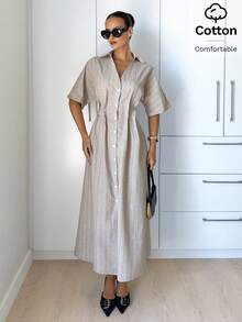 Siren Gaze Đầm sơ mi kẻ sọc thanh lịch, thường ngày mùa hè cho nữ, đầm dài ngang gối cổ chữ V cài cúc, trang phục đi biển, công sở, trang phục hàng ngày kẻ sọc kaki, trang phục đi nghỉ mát cho nữ, trang phục mùa hè cho nữ, đầm thường ngày cho nữ, đầm thanh lịch cho nữ, đầm cài cúc mùa hè, đầm thường ngày cho nữ, đầm mùa hè cho nữ, đầm sơ mi ngang gối. - Màu be - Xem 6