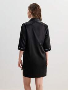 Hourtrue Ladies Contrast Piping Loose Shirt Nightgown, Fall, Winterfor Summer - Black - View 2